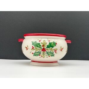 Teleflora Gift Ceramic Christmas Holly Berry Serving Bowl with Handles Red Trim